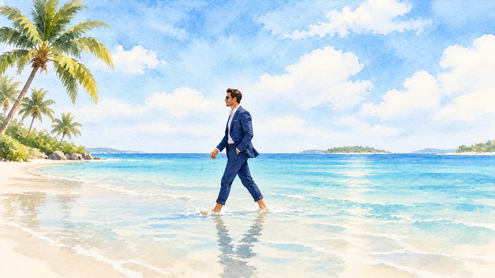 A broker in a suit walking barefoot along the shore of a beach